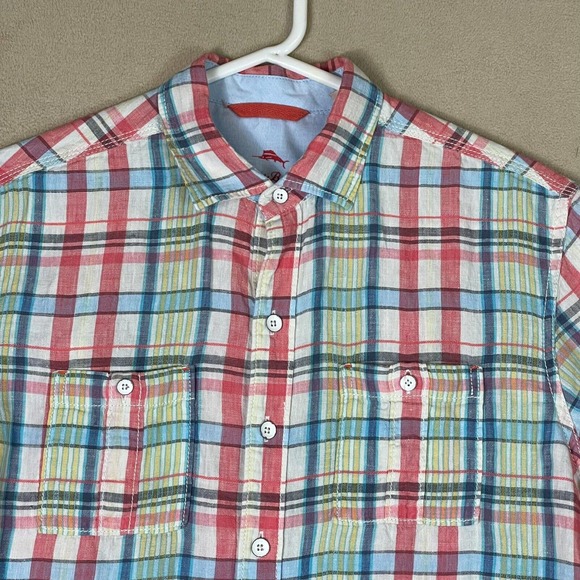 Tommy Bahama Shirt Adult Small Multicolor Plaid Relax Linen Hawaiian Pocket Mens - Picture 2 of 10